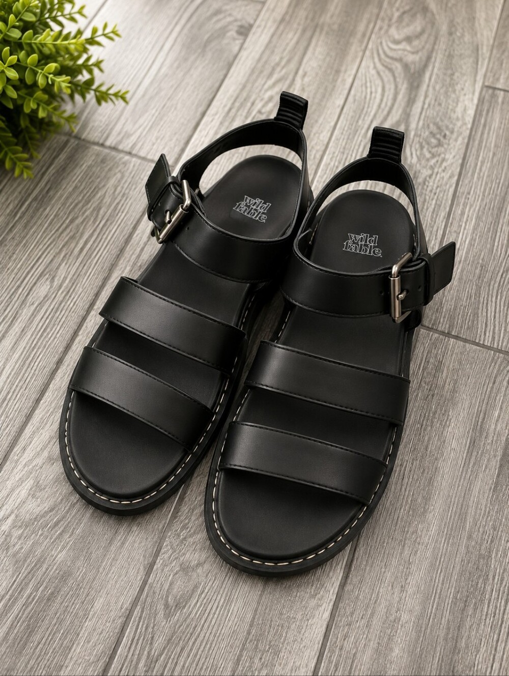 wild fable Black Triple-Strap Buckle Sandals